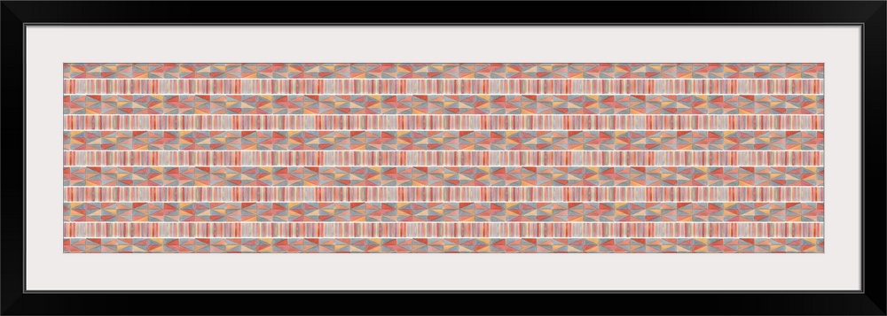 Large panoramic abstract watercolor painting with geometric patterns in shades of red, orange, and grey.