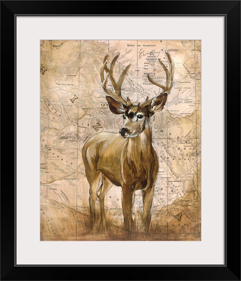 Art piece of a big buck standing in front of a vintage looking map of Arizona.