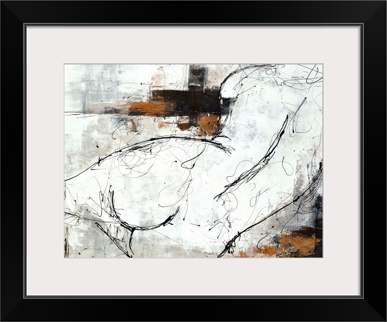 Contemporary nude sketch in black and white with designed pops of copper and silver on the top and bottom.