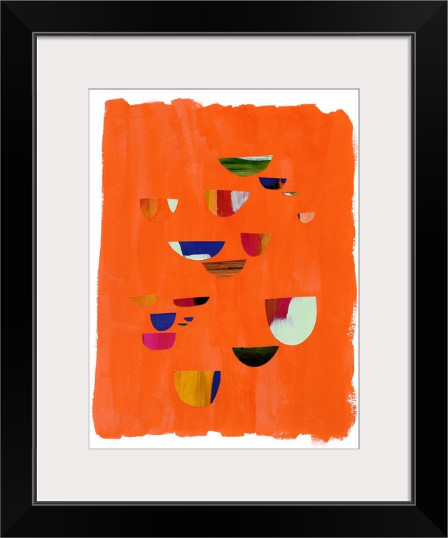 Mod abstract art with red and blue shapes on orange.