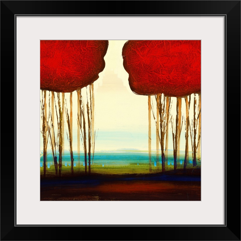 A piece of contemporary artwork that shows two groupings of trees that have red tops. The bottom is painted with several c...