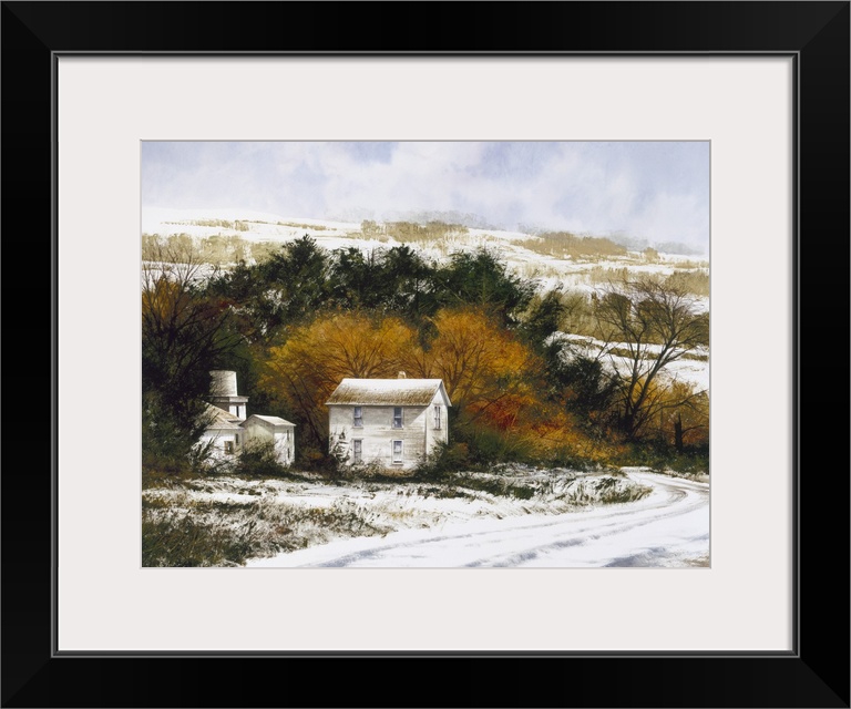 Contemporary landscape painting of a snowy countryside with a winding road leading to two white homes.