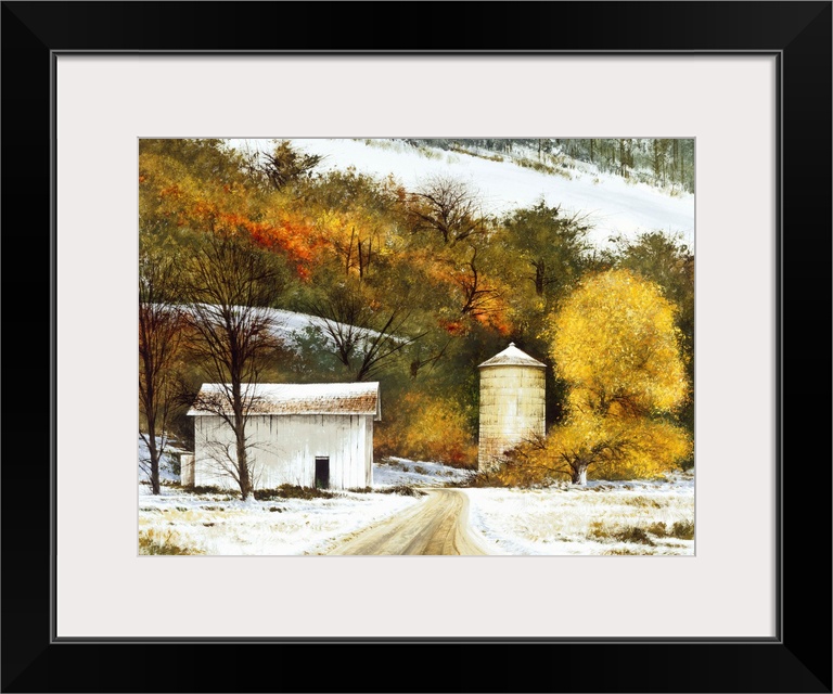 Contemporary painting of a snowy countryside with a road leading to a white barn and silo.