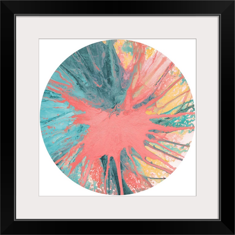 Square abstract spiral spin art inside a circle on white background in shades of pink, yellow, and blue.