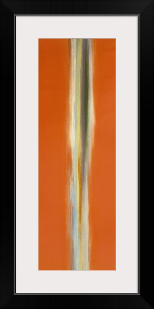 A tall vertical piece of abstract artwork that has orange on both sides with a neutral colored line down the middle.