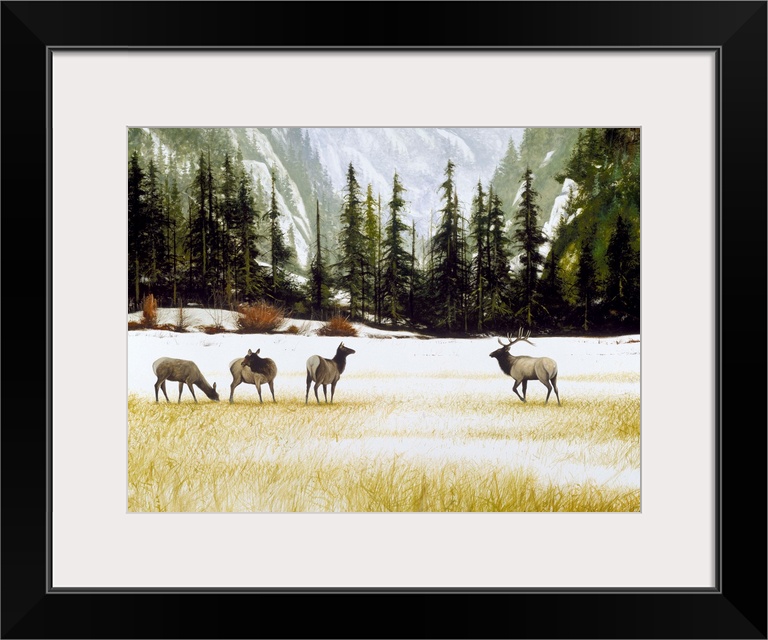 Contemporary painting of four elk in a snowy valley with pine trees and mountains in the background.