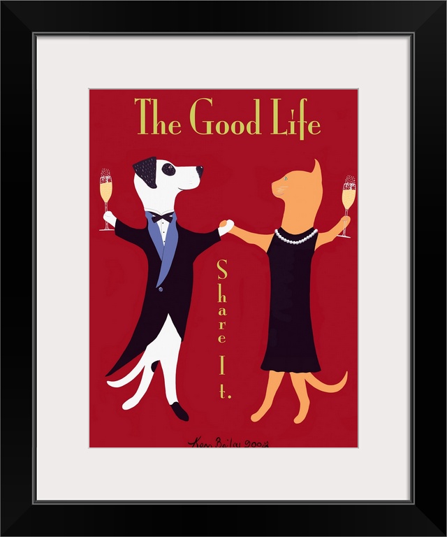 Huge retro art composed of a dog in a tuxedo and a cat in a dress enjoying a glass of champagne while they dance against a...