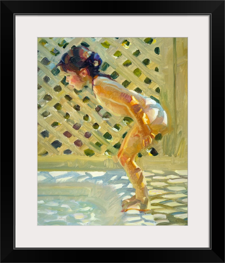 A contemporary painting of a little girl about to dive into a pool.