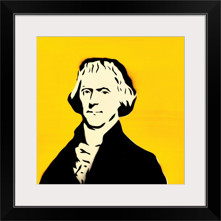 Square spray art of Thomas Jefferson on a bright yellow background.