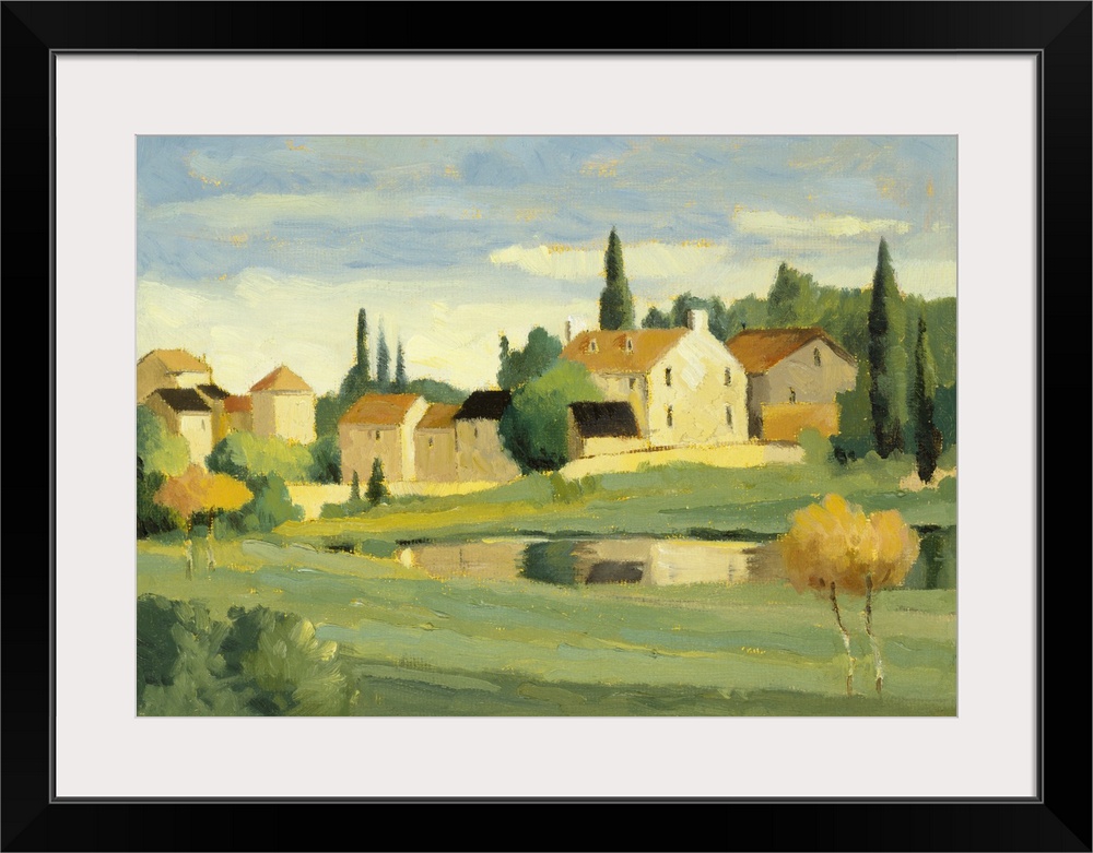 Landscape painting with quaint country houses.