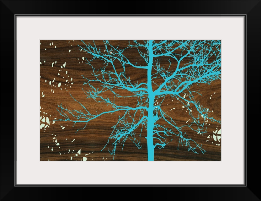 Decorative turquoise silhouette of a tree against natural wood grain texture, resembling a wavy backdrop, with speckled li...