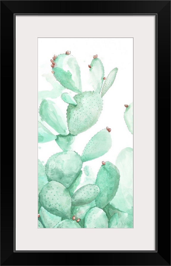 A contemporary watercolor painting of a vibrant green cactus against a white background.