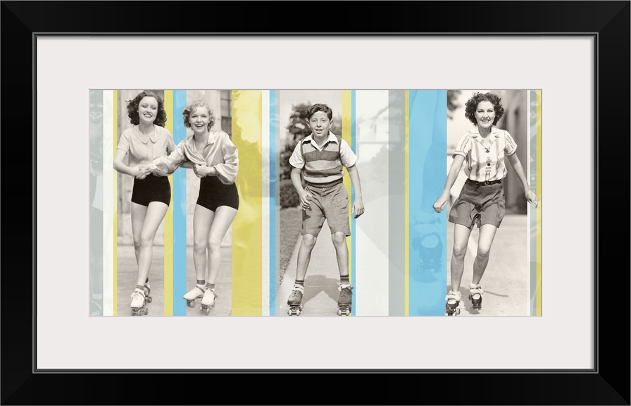 A composite of vintage photos of people in roller skates with color stripes overlaying.