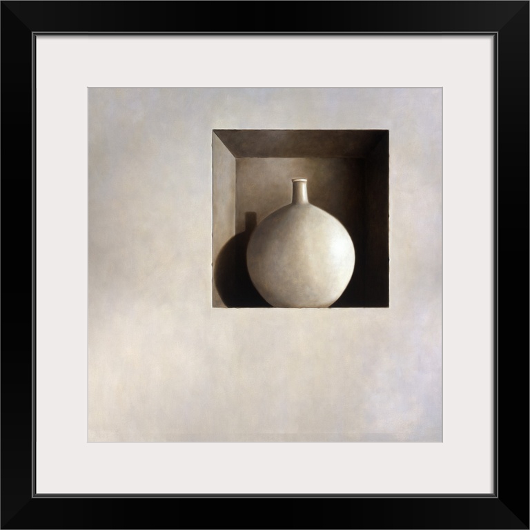 Contemporary still life painting of a white vase sitting in a square hole in the wall.