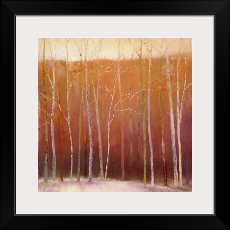 Square painting on canvas of bare trees in winter.