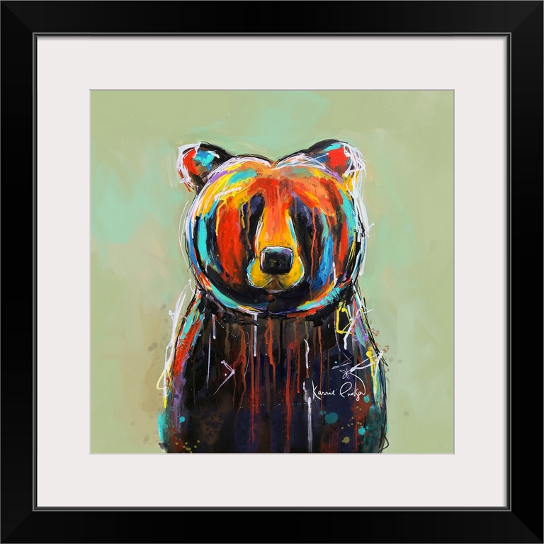 A contemporary painting of a colorful bear with accents shades of yellow, red and blue.