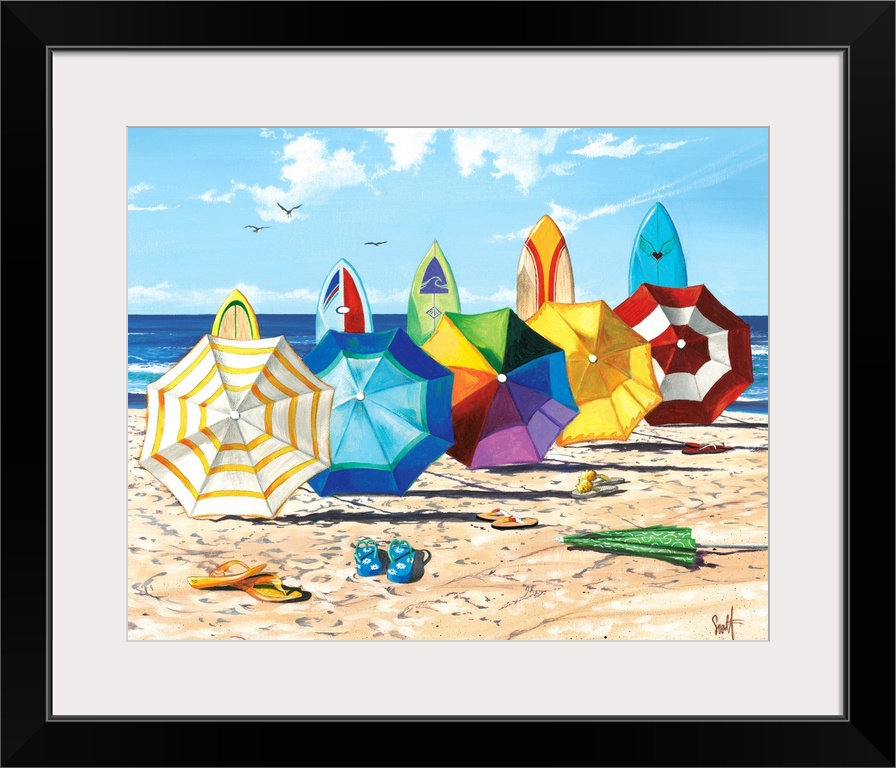 Realistic drawing of open colorful umbrella's and surfboards lined up on the beach with flip flops scattered throughout th...