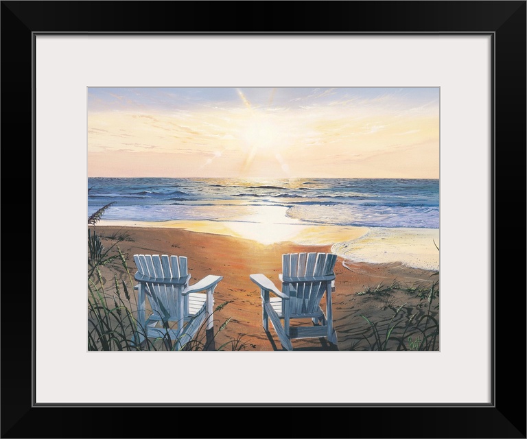 Painting of two beach chairs on sand near shoreline under a sunny sky.