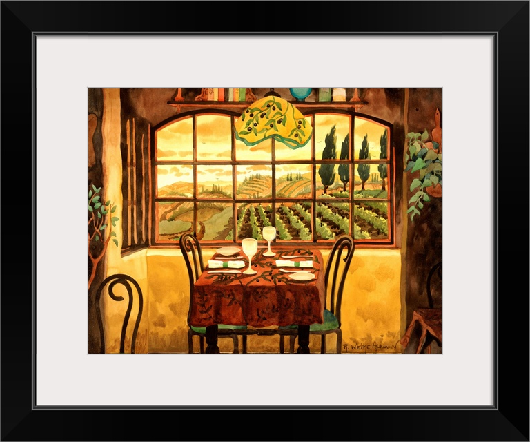 Painting of a table set for dinner inside a house by a window looking out over farmland. Warm, relaxing colors and tones d...