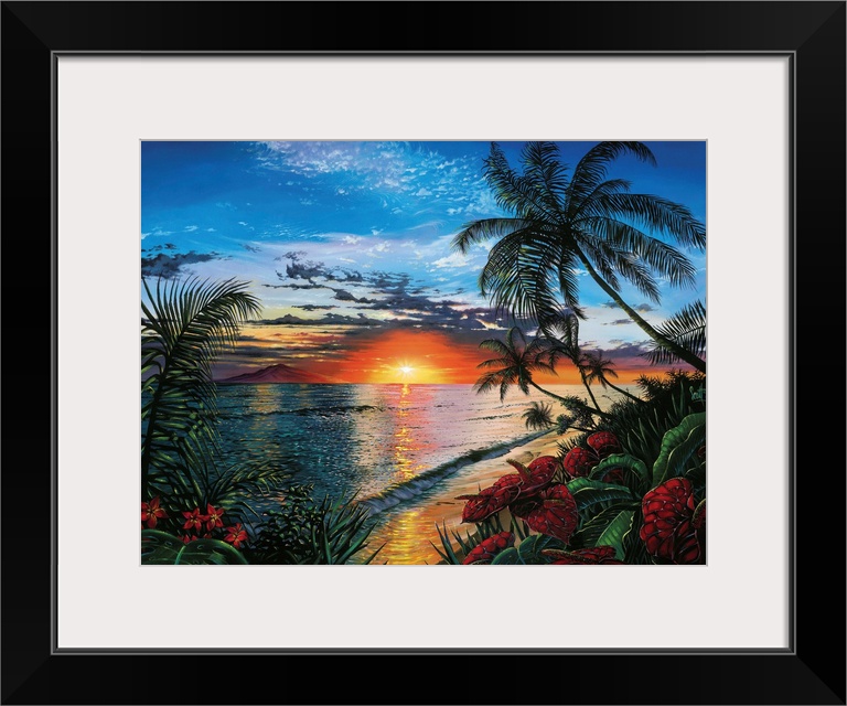 This contemporary painting shows a sunset far off in the distance with palm trees and other wild plants in the foreground.