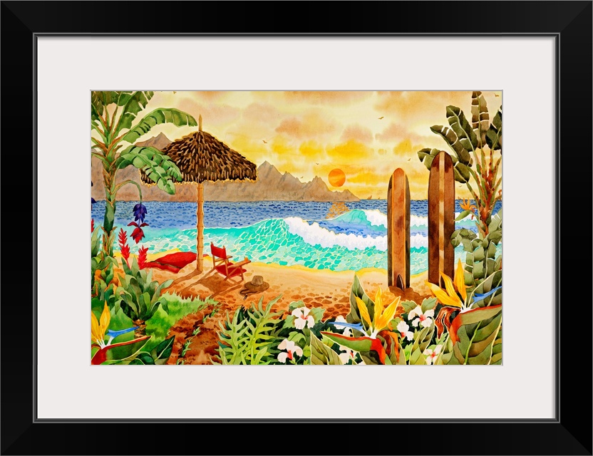 Giant contemporary art displays a lively beach scene filled with lush vegetation and an umbrella and chair sitting next to...