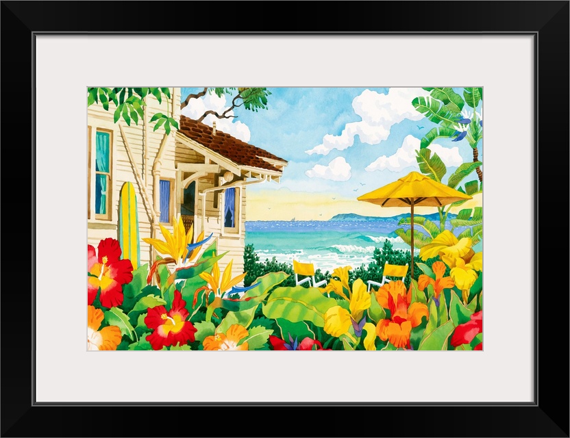 Huge contemporary art focuses on a beachside house surrounded by beautiful groups of boldly colored flowers, a surfboard l...