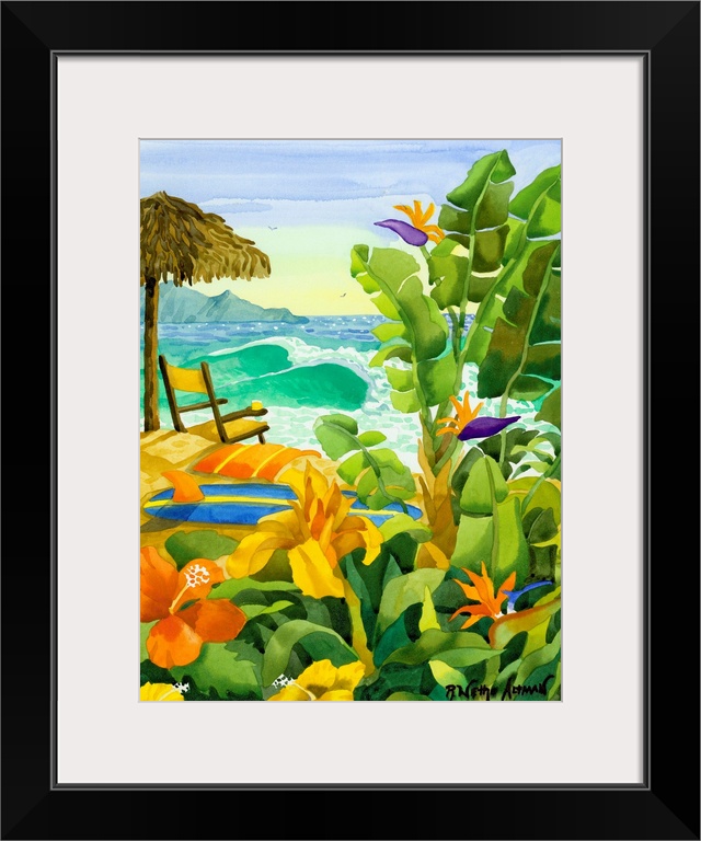 Tropical vegetation is painted in the foreground of this picture with a beach umbrella, chair, towel and surfboard laying ...