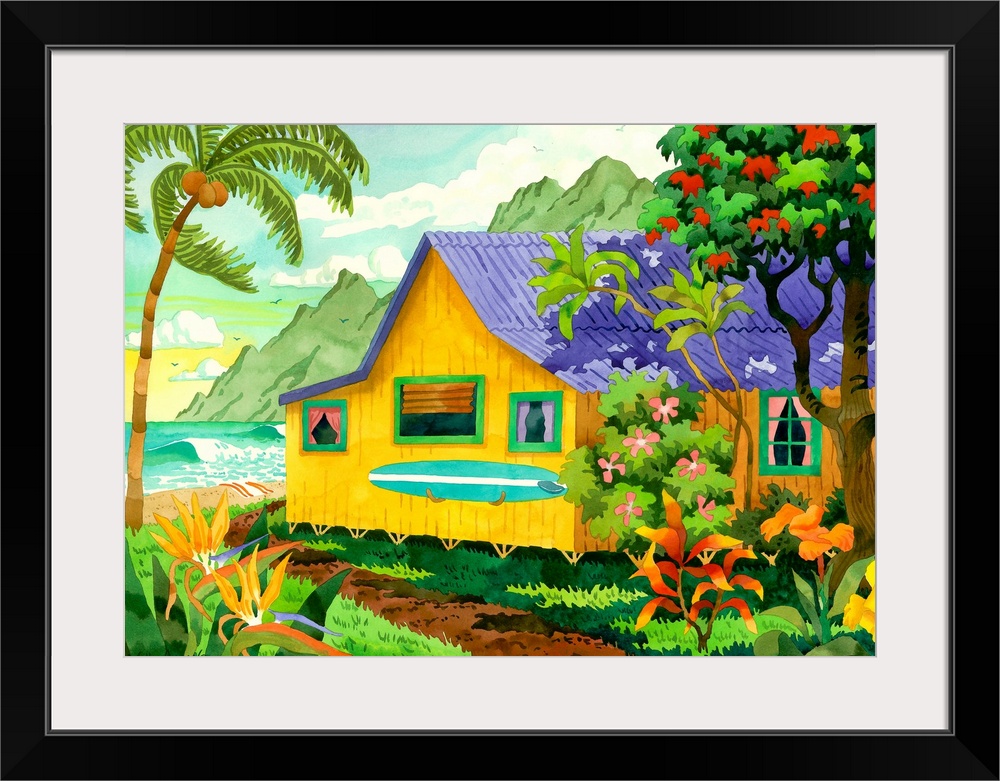 Contemporary art drawing of a small beach cottage by the waters with a surfboard leaning up against the side of the house ...