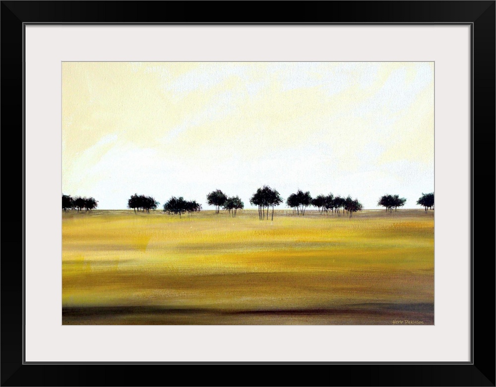 Contemporary minimalist painting of a row of dark trees in the distance and golden fields in the foreground.
