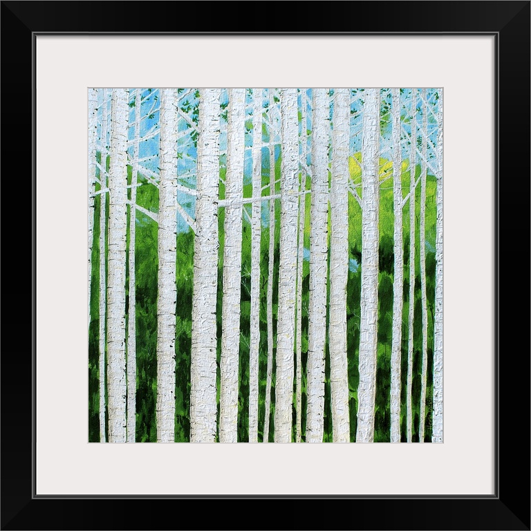 Square painting of textured Birch tree trunks and branches with a green and blue background.