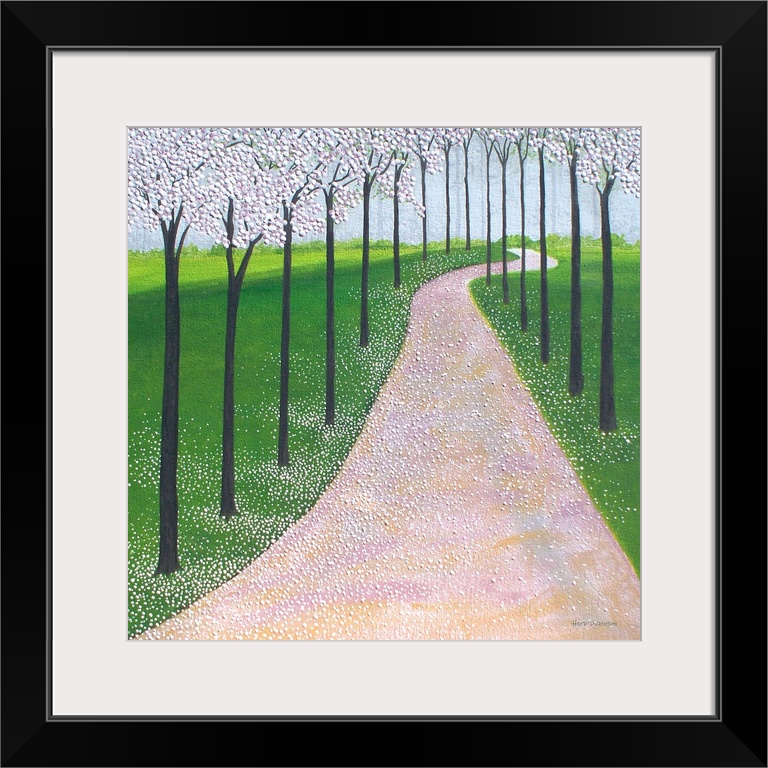 Tranquil pleasing whimsy landscapes invites you in to wander down Cherry Lane walking on a bed of pedals.