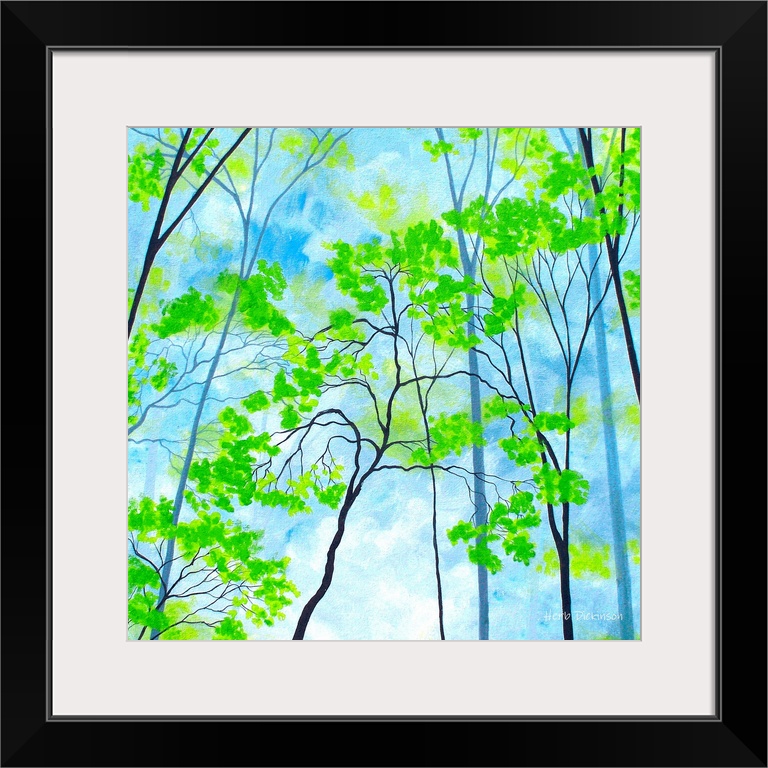 Square painting with bright green tree tops on a cloudy blue background.