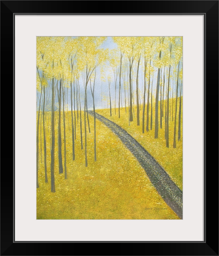 Autumn landscape with a road leading up a hill, lined with Ginkgo trees and leaves.