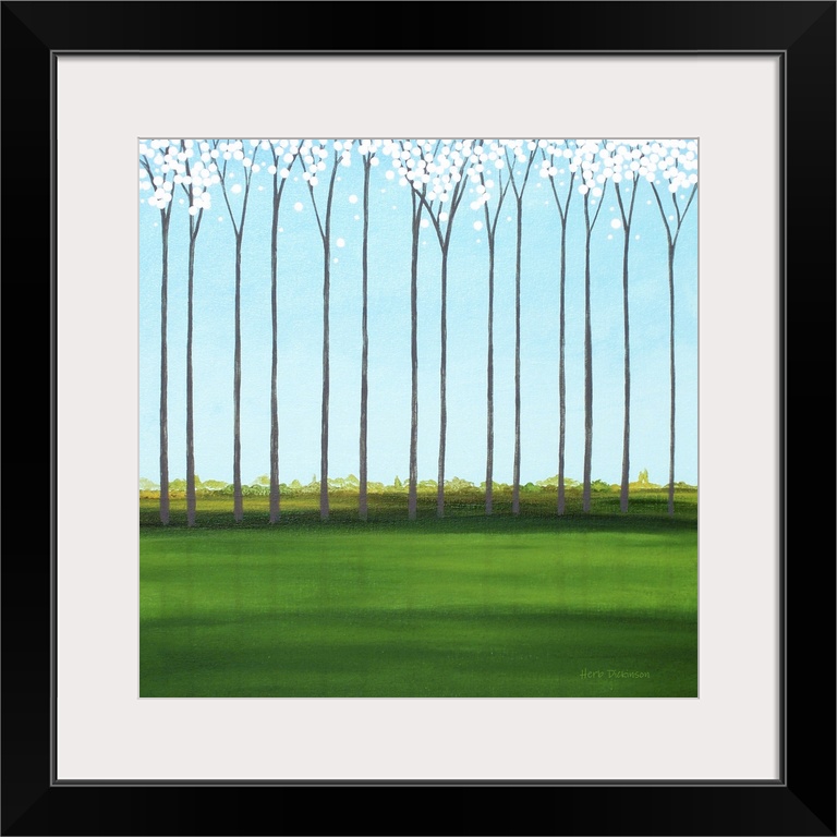 Square minimalist painting of tall, skinny trees with white blossoms.