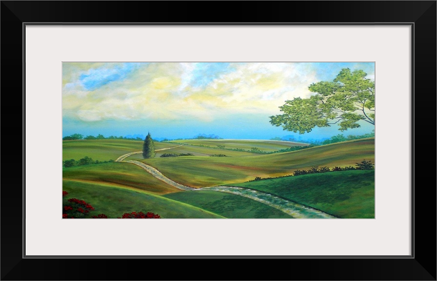 Landscape painting of Leicester's countryside and rolling hills on a beautiful day.