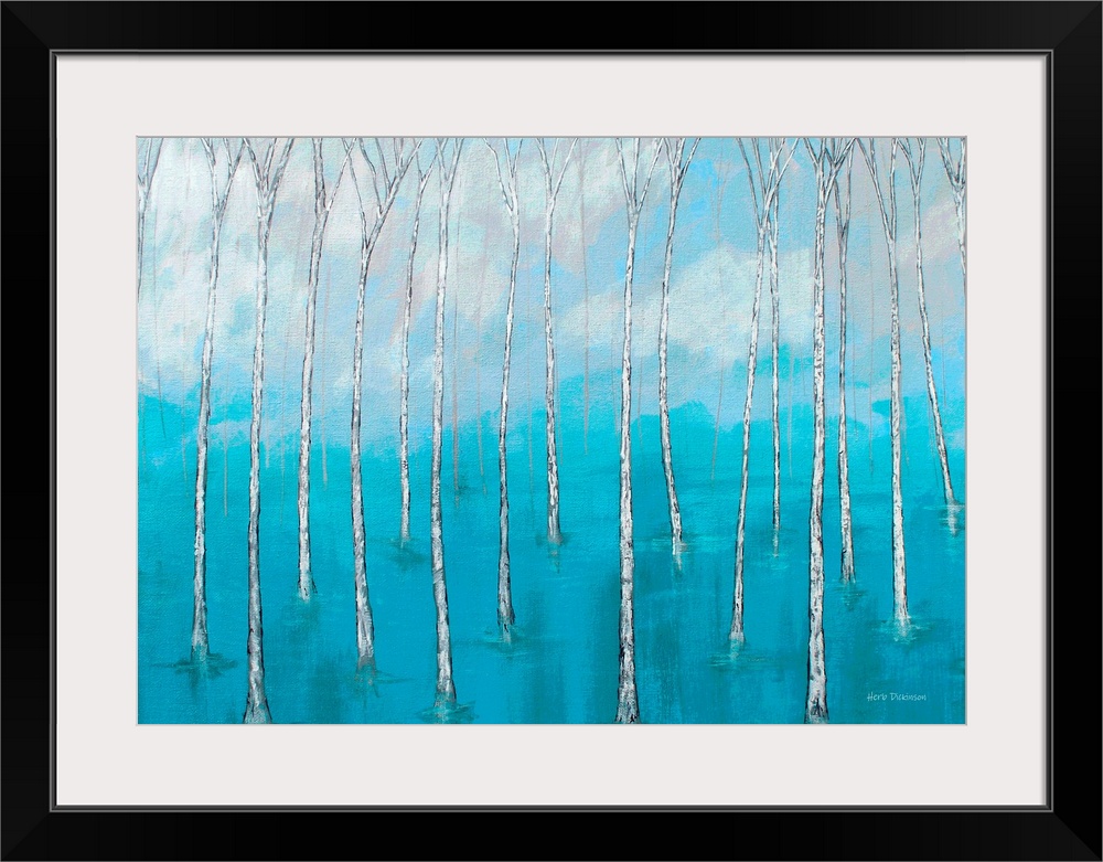 Landscape painting of bare trees in marsh waters with a cloudy background.