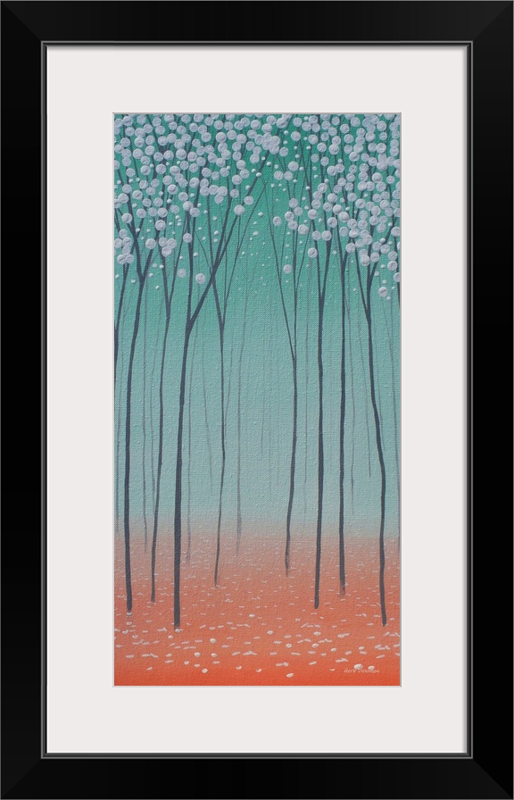 Panel painting with a tree landscape in shades of green, gray, and orange.