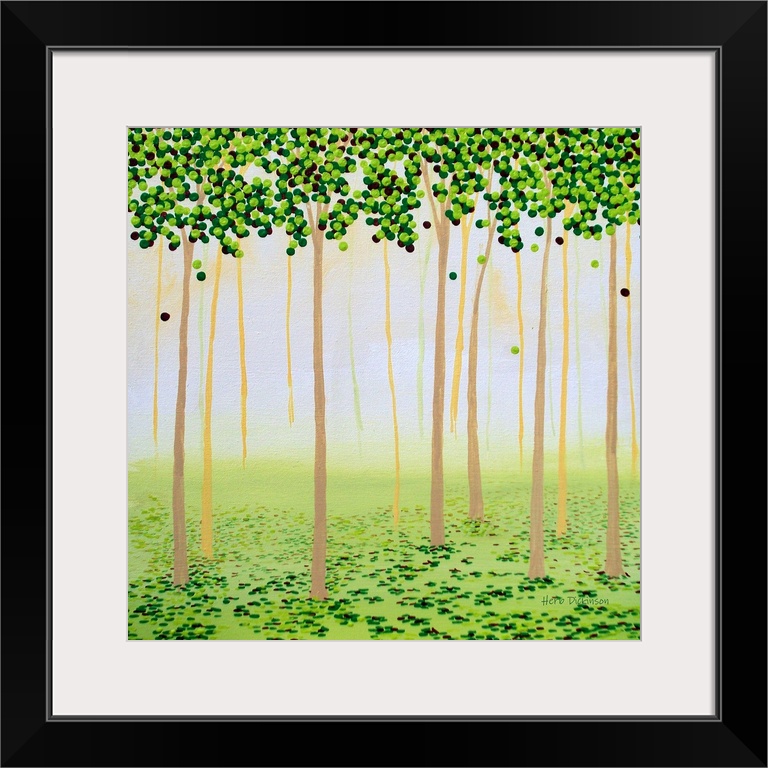 Square painting of a forest covered in circular leaves made with shades of green.