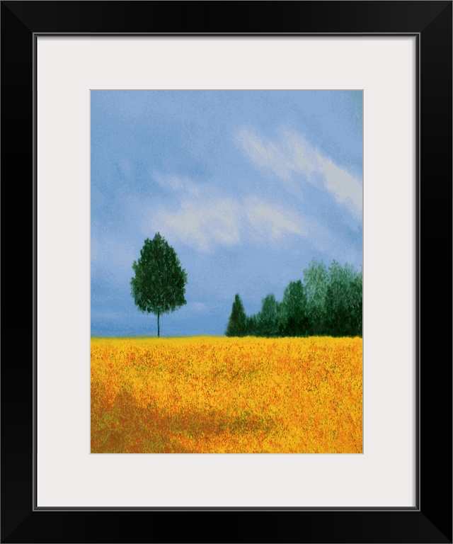 Vertical landscape painting with a golden field in the foreground and trees in the background.