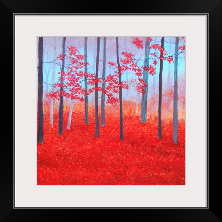 Impressionist painting of a red Autumn forest with leaves covering the ground.