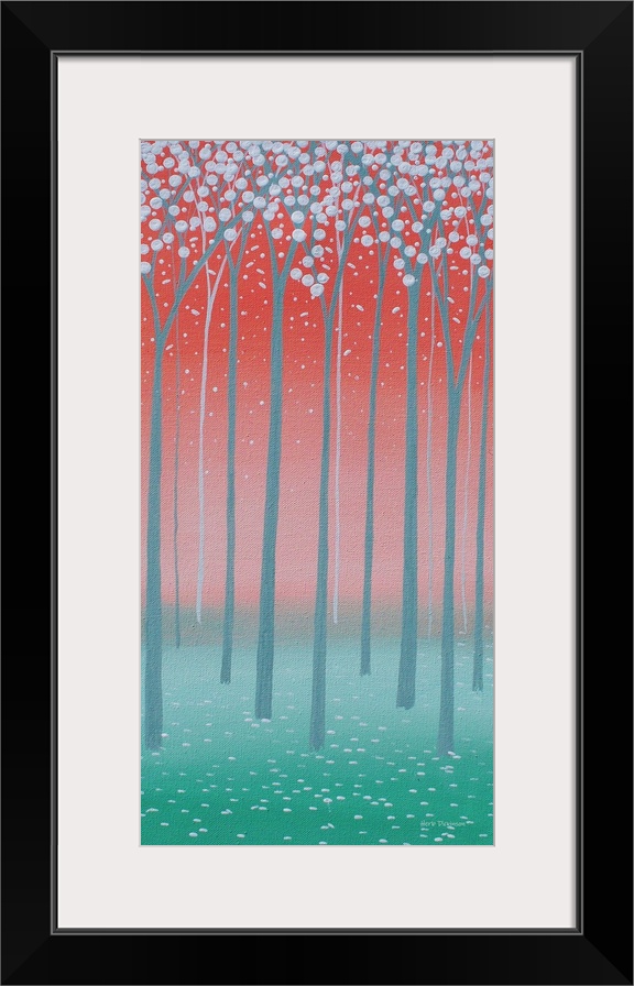 Panel painting with a Spring tree landscape in shades of red, green, and blue-gray.