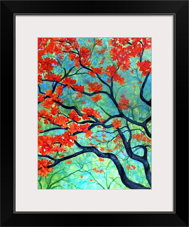 Contemporary painting of a tree top with orange and red leaves on a blue and green background.