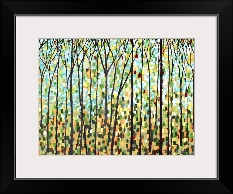 Abstract forest landscape with tall, thin, bare trees and short brushstrokes in the background in shades of green, blue, y...