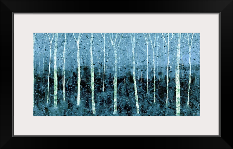 Contemporary painting of lines of bare Winter trees in a forest with blue hues.