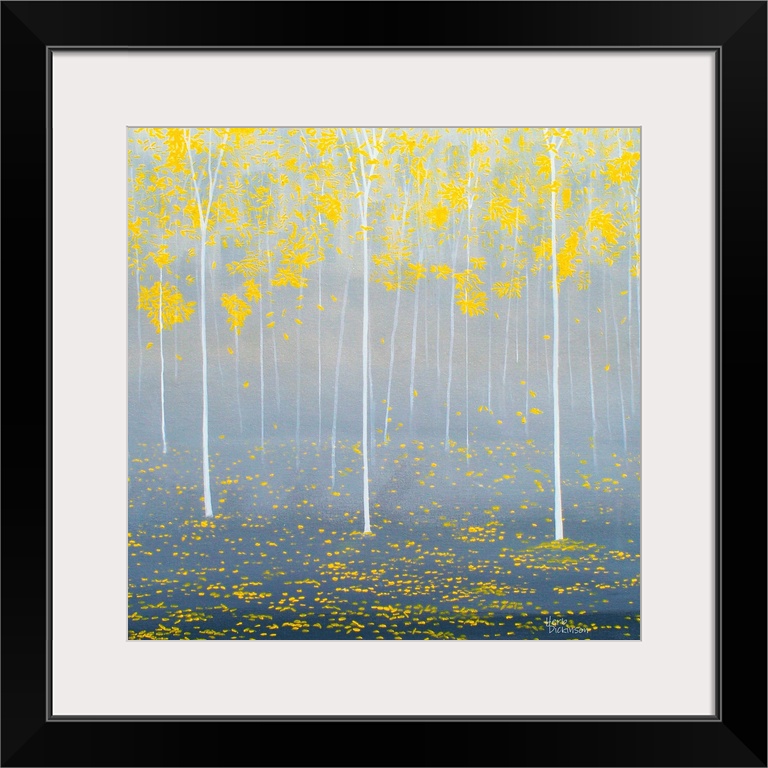Yellow Autumn trees in a gray-blue forest on a square background.