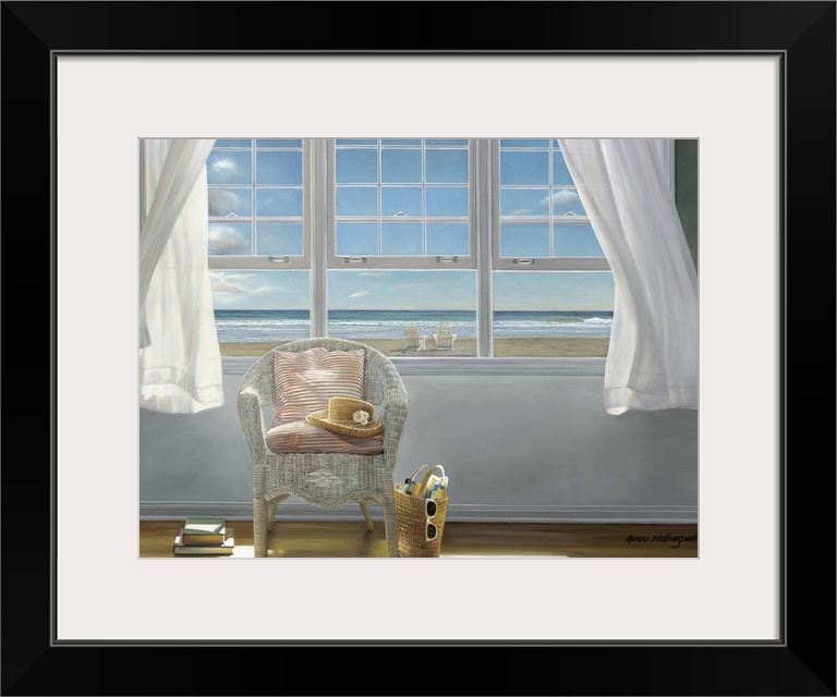 Contemporary painting of a chair sitting in a sunlit room, with an open window and drapes being blown in the wind.