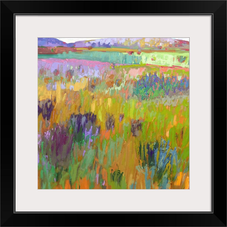A square abstract of a field with flowers painted with brush strokes of vibrant colors.