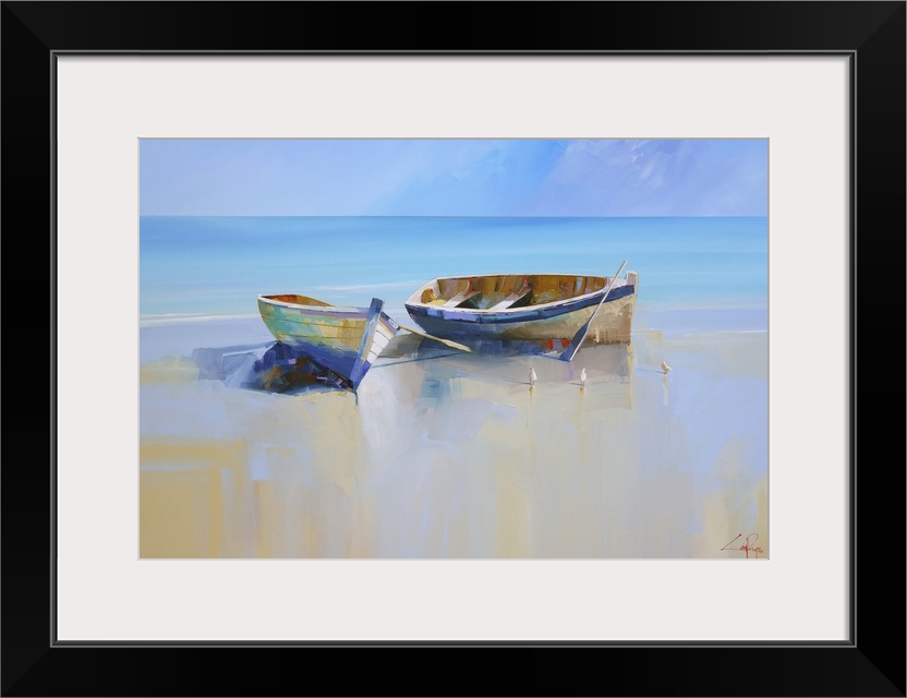 Painting of two beached rowboats at low tide.