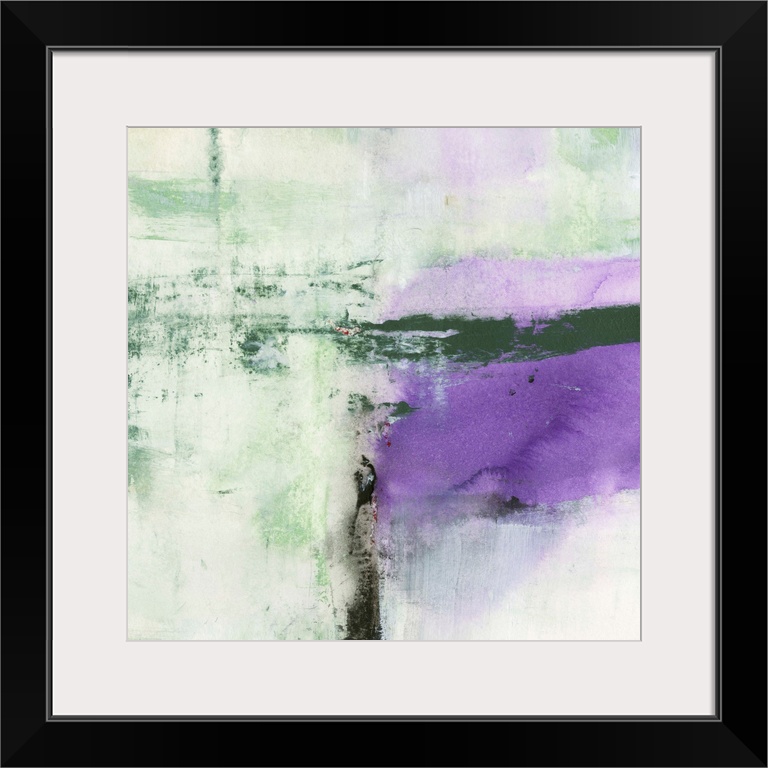 A contemporary abstract painting  using purple and gray with dark bold black lines.