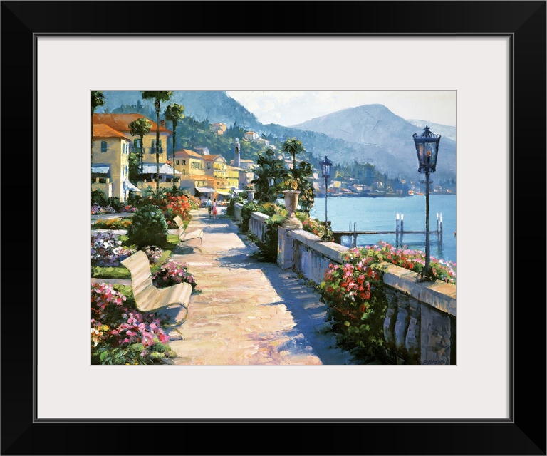 Beautiful and romantic painting featuring a waterfront walkway in the idyllic town of Bellagio, on the shores of Lake Como...